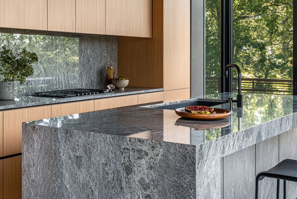 Grey Granite Counter With Wooden Cabinets