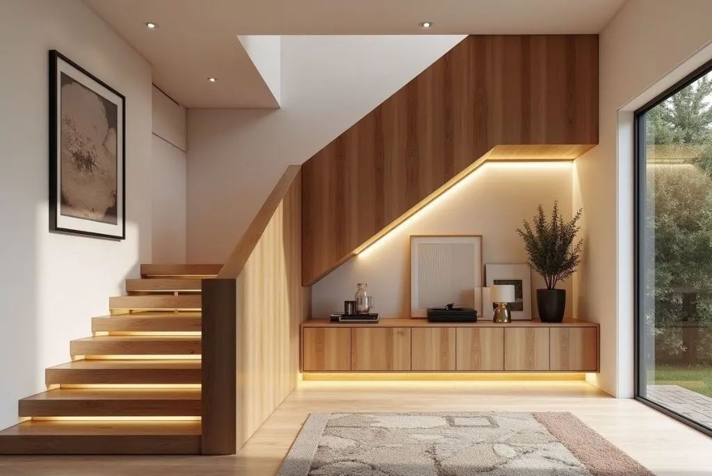 Wood railing for stairs with integrated lighting