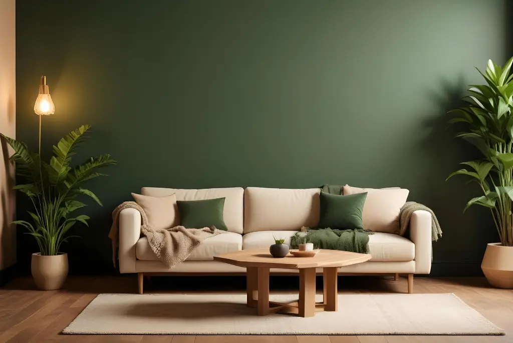 Cream and deep forest green living room