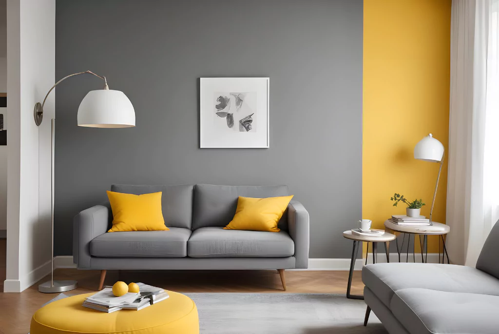 Slate grey and yellow colour living room