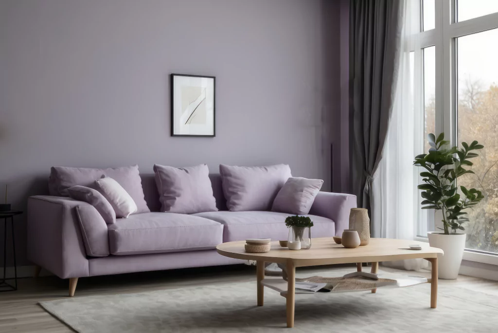 Muted lavender and slate grey living room