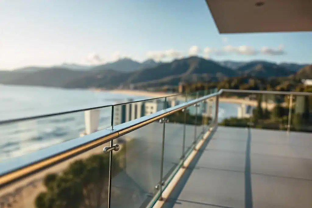 Modern balcony railing design: Glass Panel Railing with Stainless Steel Accents