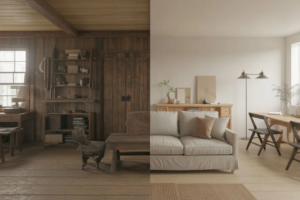 Modern farmhouse interior vs rustic