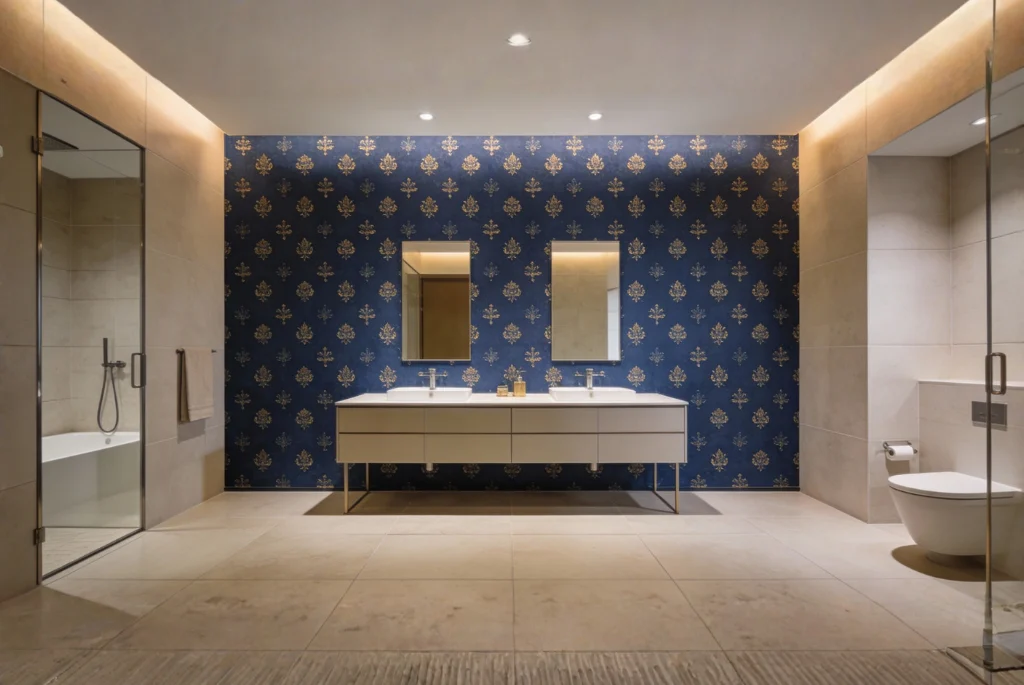 Navy And Gold Wallpaper : Bathroom Wallpaper