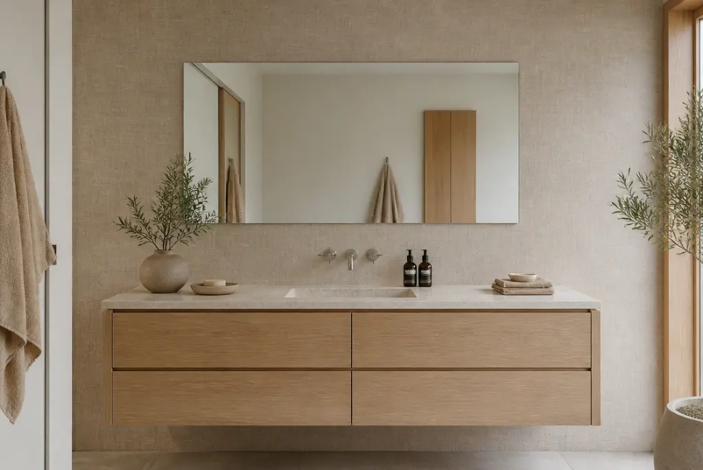 Scandinavian bathroom with linen-textured wallpaper, floating oak vanity, and minimalist Nordic décor