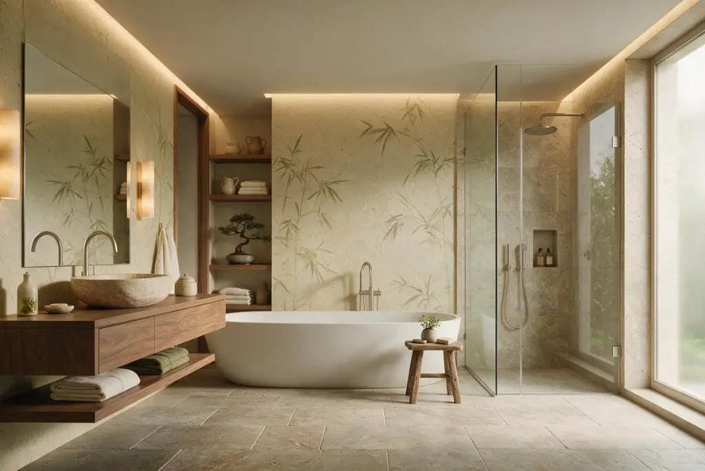Japandi bathroom with handmade paper wallpaper, walnut vanity, travertine sink, and warm ambient lighting.