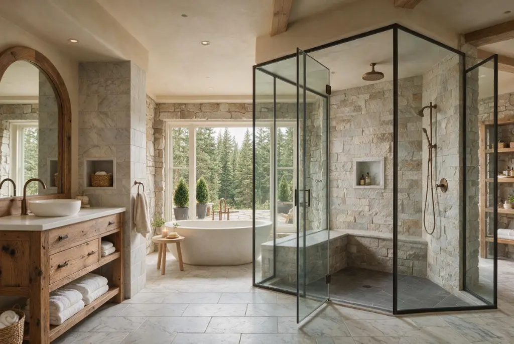 Modern rustic bathroom with stone-inspired wallpaper, reclaimed oak vanity, slate flooring, and natural wood finishes.