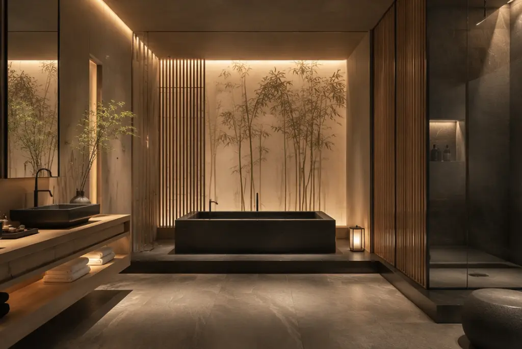 Asian-inspired bathroom with bamboo-textured wallpaper, teak vanity, pebble flooring, and spa-inspired minimalist design.