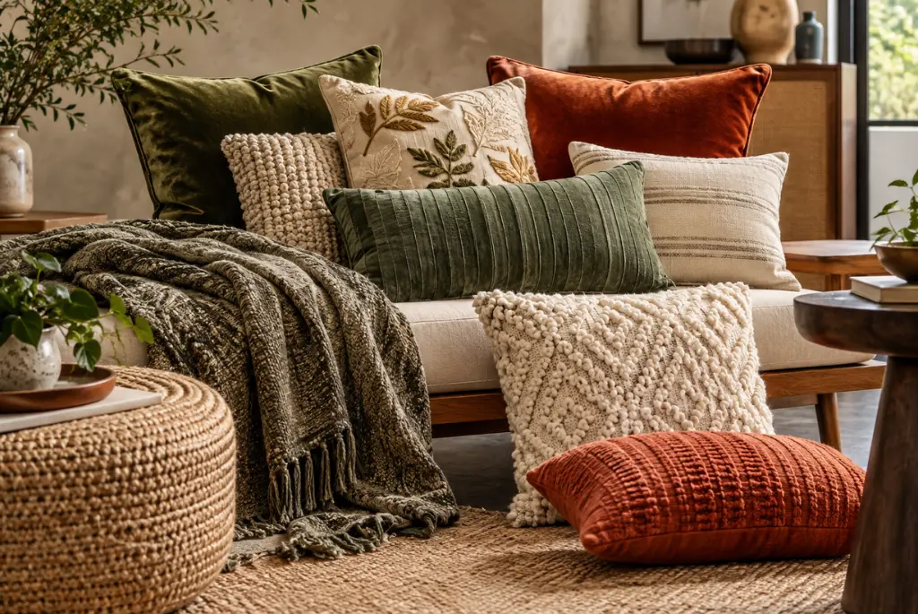 Decorative cushions in velvet, linen, knitted, and embroidered textures, layered in complementary colours to create depth and comfort in a modern interior.