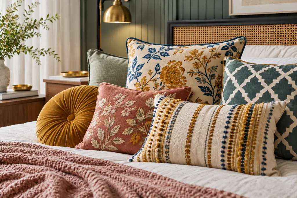 Fancy cushion covers featuring floral prints, geometric patterns, and stripes in complementary colours, styled on a contemporary window bench.