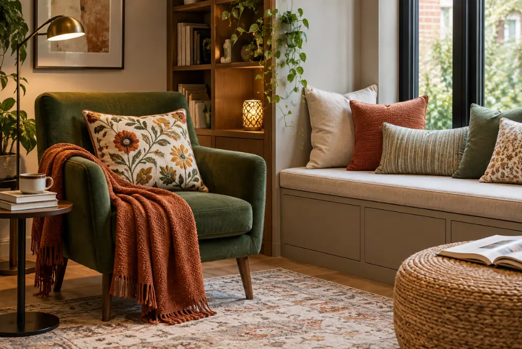 Decorative cushions with botanical prints and earthy colours styled on an accent chair and window seat in a cosy reading corner.