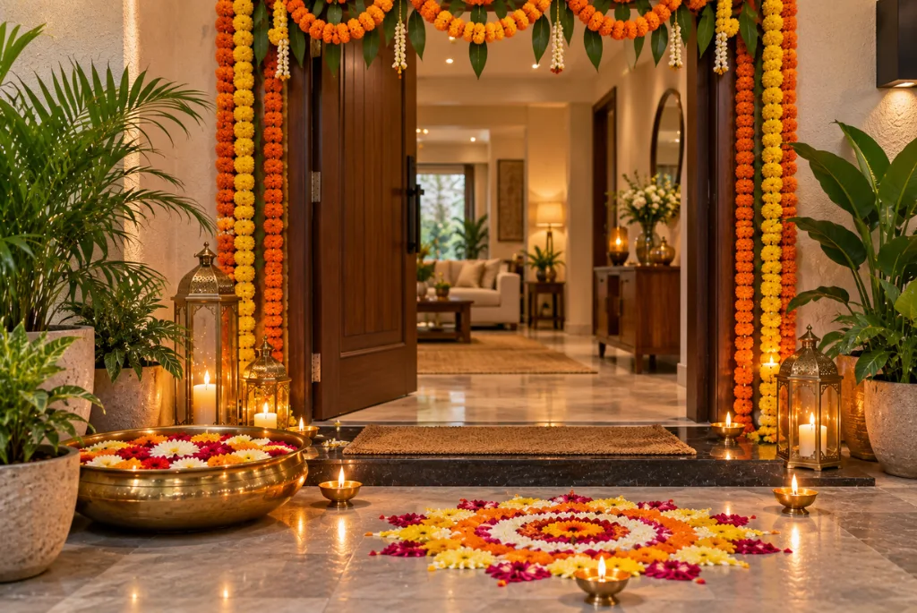 Diwali entrance decoration with marigold torans, brass diyas, floral rangoli, and a traditional urli bowl in a modern Indian home.